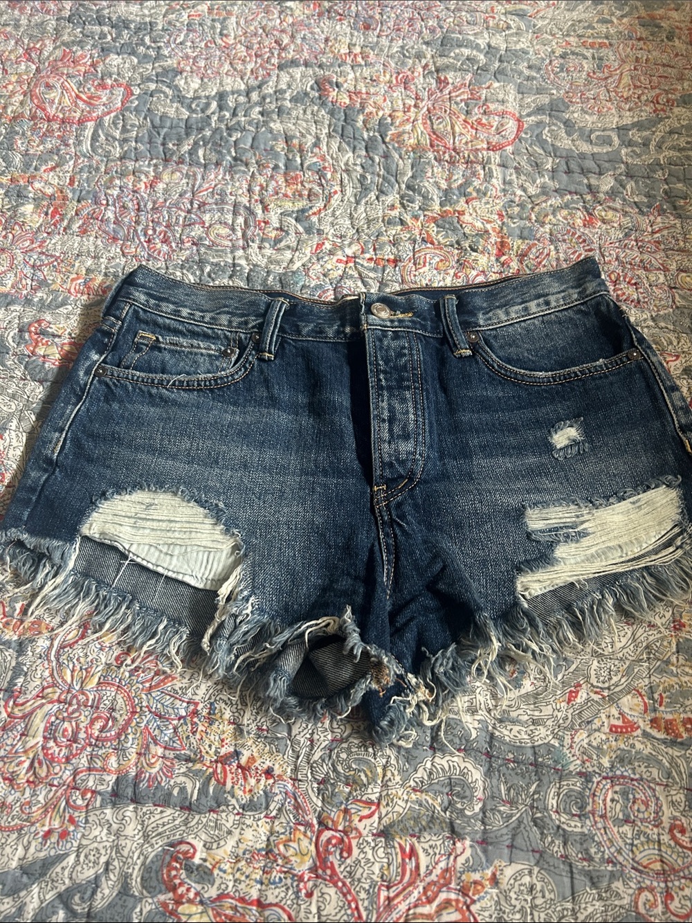Free People Distressed Dark Blue Denim Cutoff Shorts